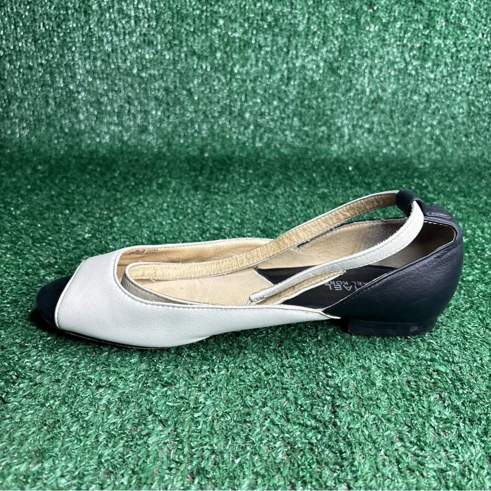 Michael Kors Peep Toe Ankle Strap Leather‎ Flats White Black Women's Size 8 M
